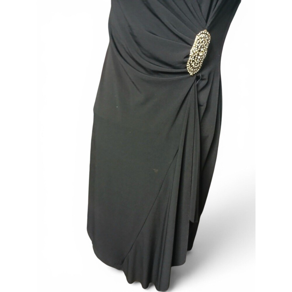 Enfocus Studio Black Ruched Midi Dress Rhinestone Brooch V-Neck Women's Size 8 - Picture 5 of 8